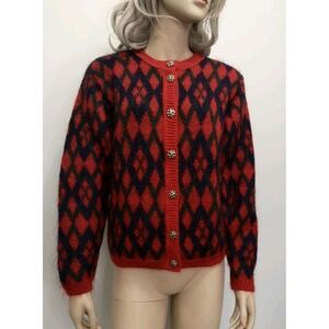 Edinburgh Heritage Knit Mohair Cardigan Sweater Womens S Red Navy Green Argyle
